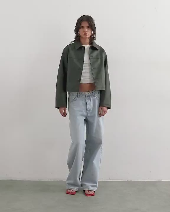 Topshop cropped faux leather jacket in brown