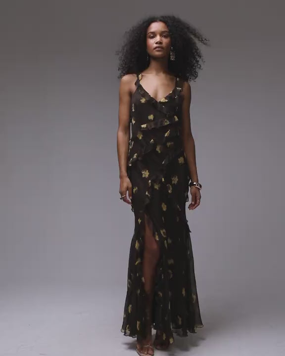 Topshop ruffle cami maxi dress in brown buttermilk floral