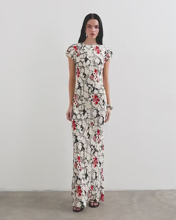 Topshop satin jacquard maxi dress with puff sleeve in red and black floral