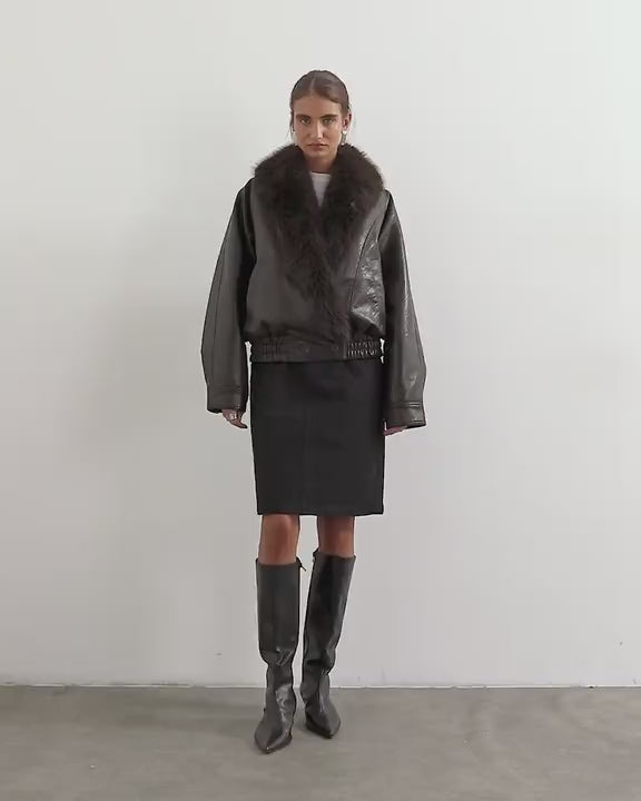 Topshop faux leather bomber jacket with faux fur trim in brown