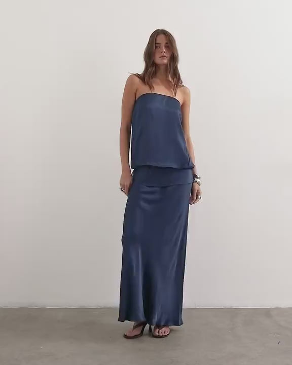 Topshop satin dropped waist blouson bandeau maxi dress in navy