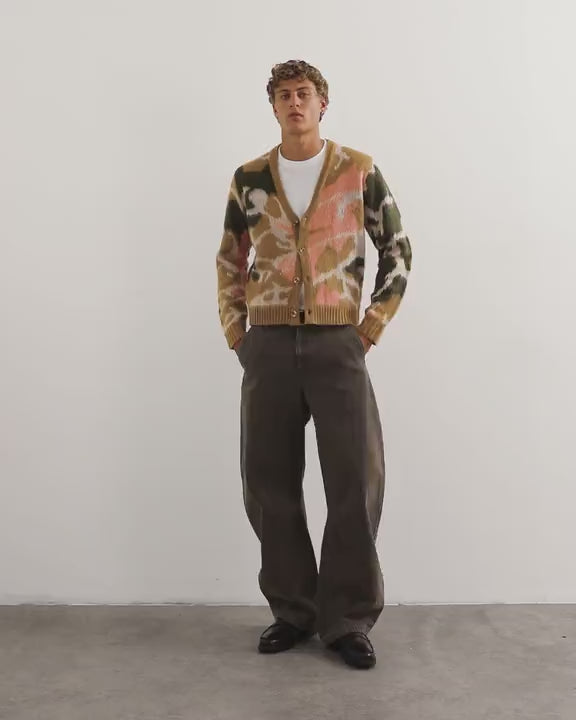 Topman classic fit knit cardigan with abstract camo design in stone