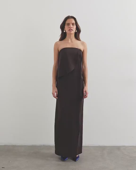 Topshop heavy crepe fold over bandeau maxi dress with tassel detail in chocolate