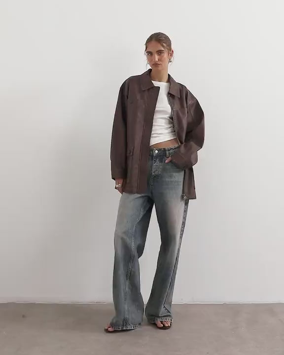 Topshop faux leather cinched jacket in washed brown