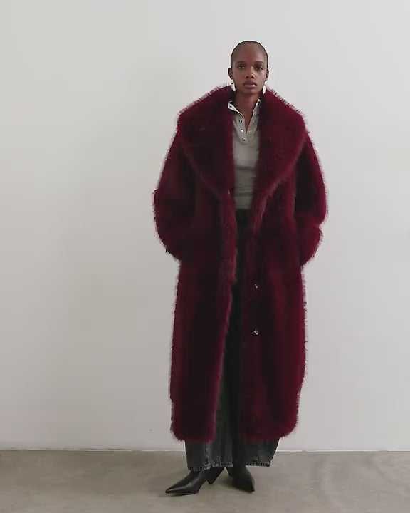Topshop faux fur belted long coat in cherry
