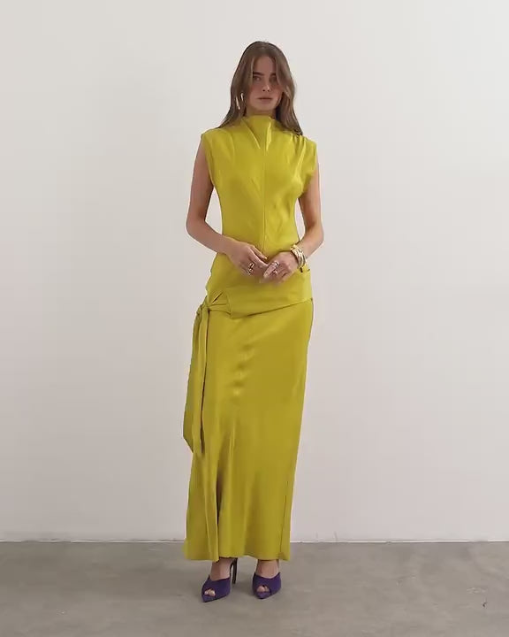 Topshop satin grown on neck dropped waist sash maxi dress in golden olive