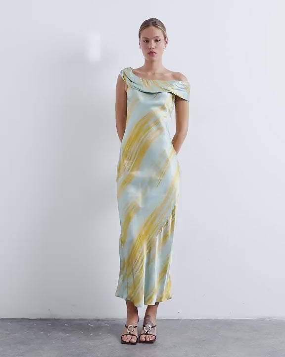 Topshop drape shoulder maxi occasion dress in blurred rust print