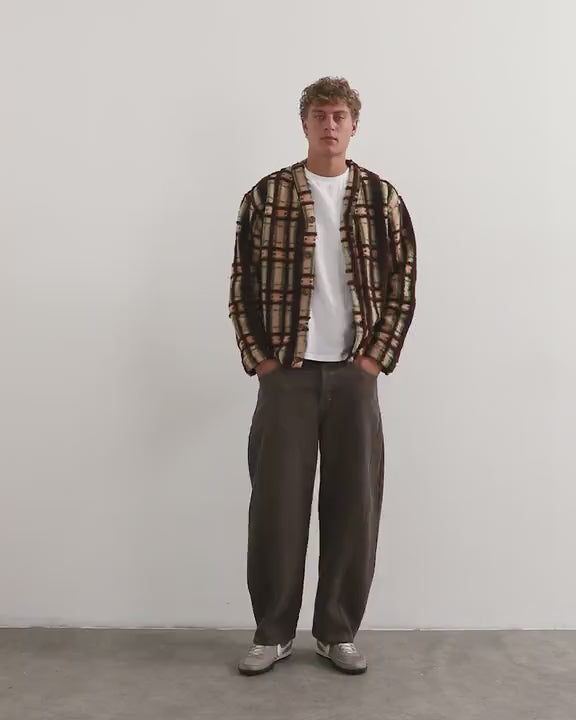 Topman boxy fit borg check cardigan in brown