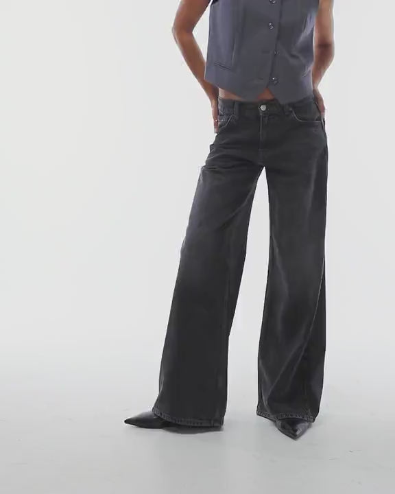 Topshop Horizon wide leg mid rise jean in washed black