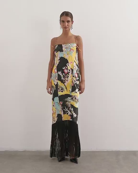 Topshop satin strappy square neck maxi dress with fringed hem in black based floral print