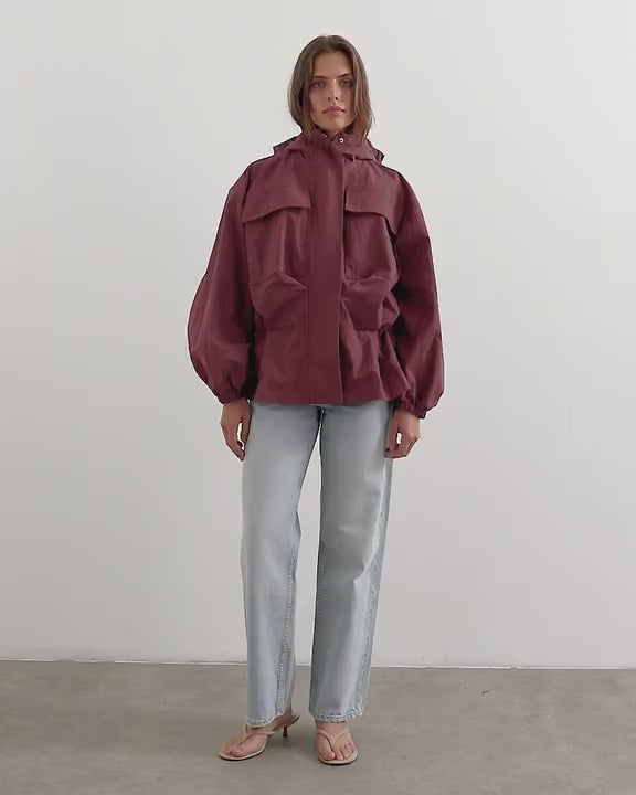 Topshop hooded cinch waist anorak in blackberry