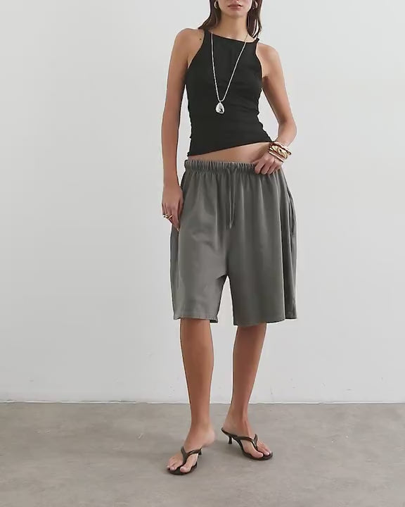 Topshop washed long line tie detail shorts in washed charcoal