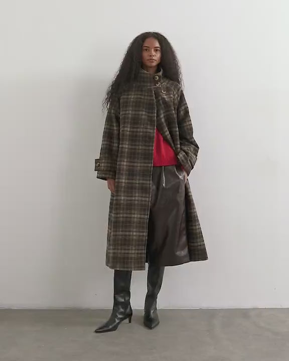 Topshop formal funnel neck longline coat in brown check