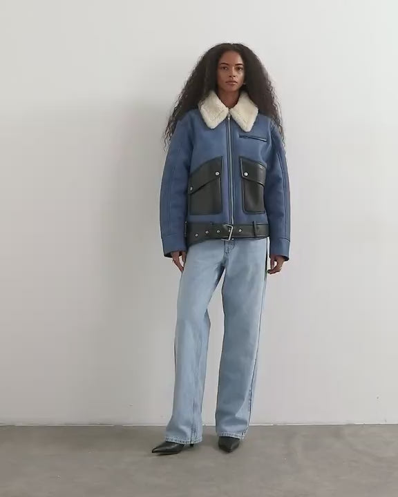 Topshop shearling belted biker jacket in blue