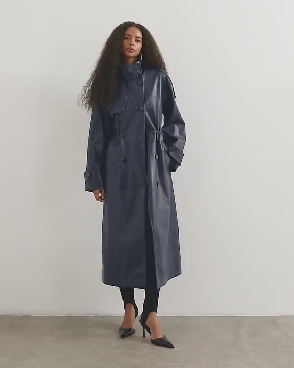 Topshop faux leather longline cinch waist trench coat in navy