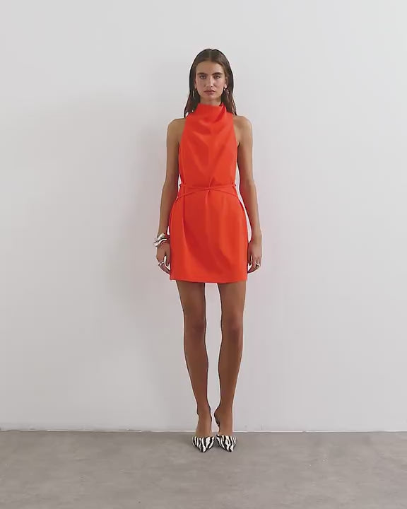 Topshop heavy crepe high cowl neck mini dress with tie waist in orange