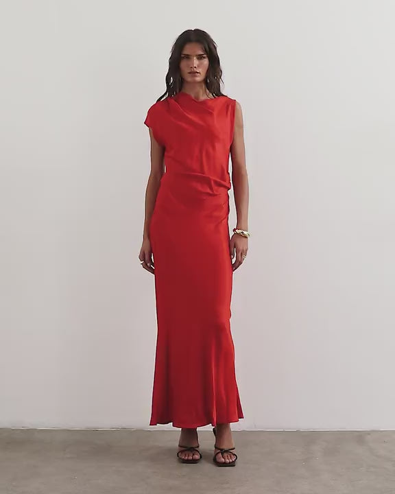 Topshop satin grown on neck tuck side maxi dress with open back in deep red