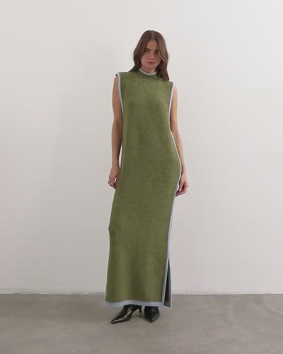 Topshop knitted high neck sleeveless tunic maxi dress in olive