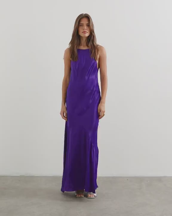 Topshop satin bias halter neck open scoop back maxi dress in purple