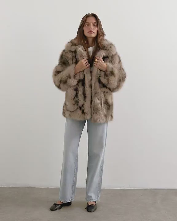 Topshop mid length faux fur jacket in brown speckle