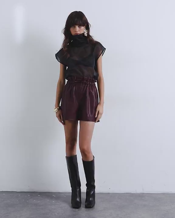 Topshop faux leather paper bag short in burgundy