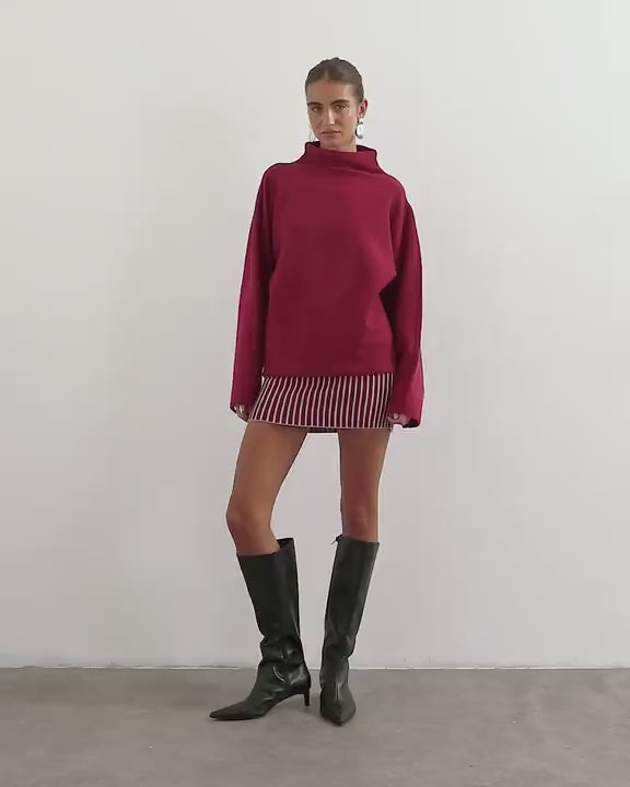 Topshop knitted long sleeve stripe mini dress with wool in burgundy