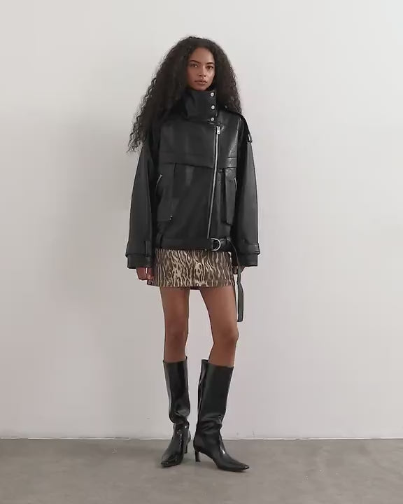 Topshop faux leather ultimate funnel biker in black