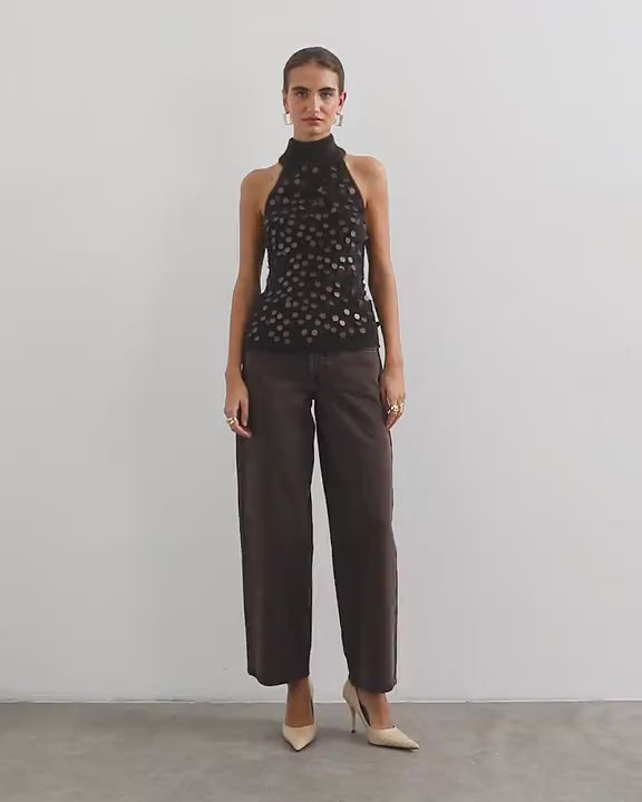 Topshop knitted halter neck sequin top in chocolate brown