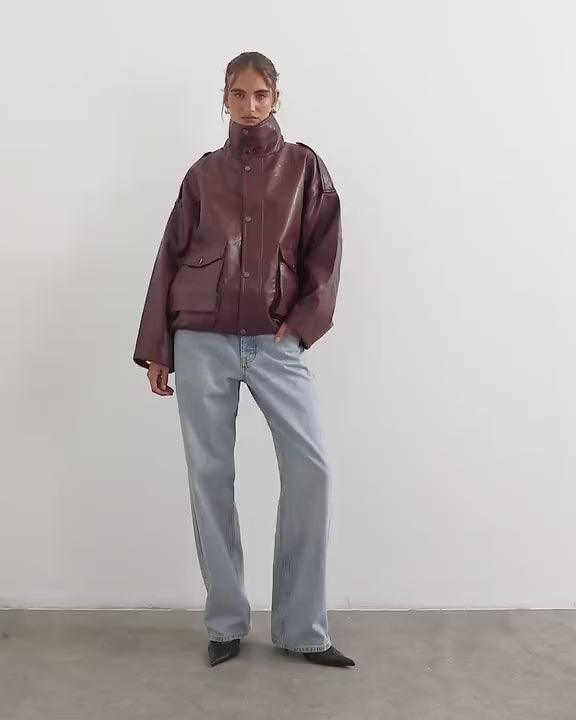 Topshop faux leather funnel neck drawstring bomber in burgundy
