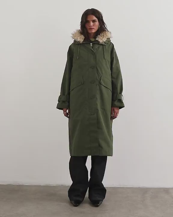 Topshop multiwear longline parka with faux fur hood in khaki