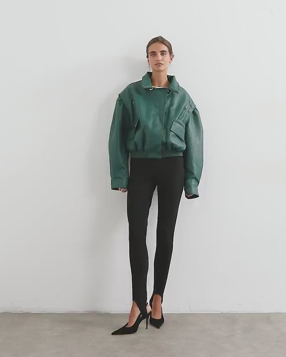 Topshop overszied faux leather cropped bomber with zips in green