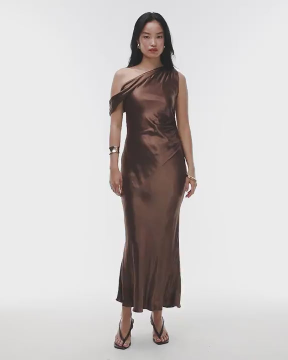 Topshop drape neck off shoulder midi occasion dress in chocolate