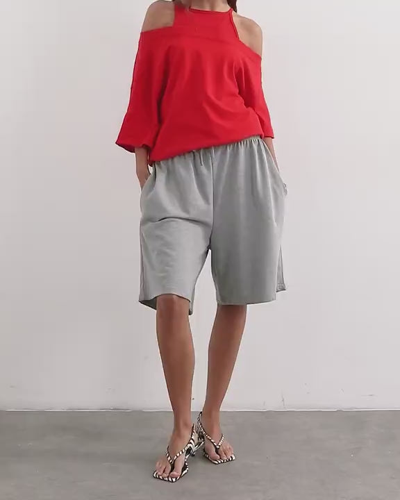 Topshop washed long line tie detail shorts in grey marl