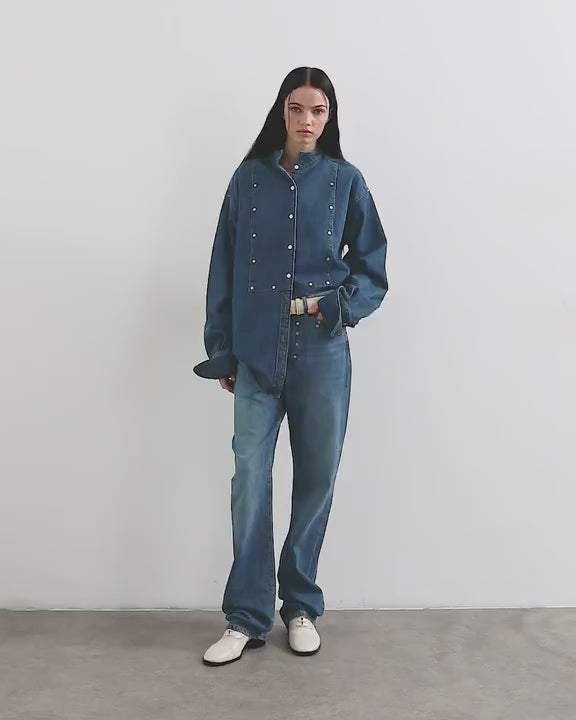 Topshop x Talia Byre wide placket studded shirt in washed blue