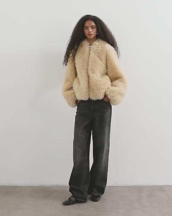 Topshop faux fur zip through hooded jacket in cream