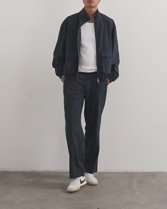 Topman wide leg trouser with boucle pinstripe in navy