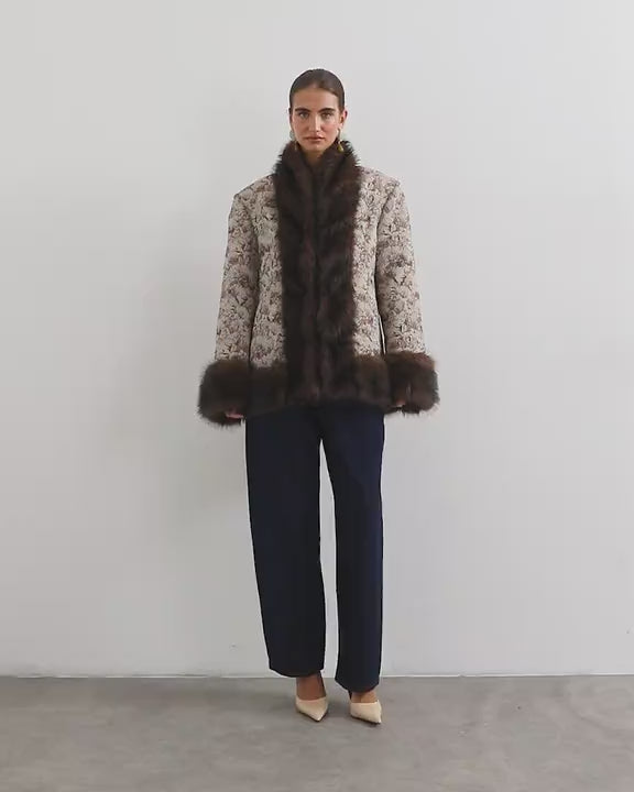 Topshop jacquard jacket with faux fur trim in multi