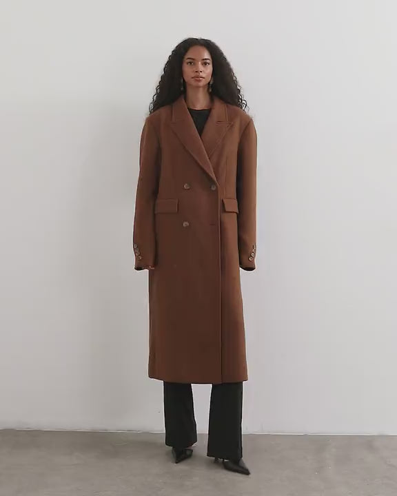 Topshop formal double breasted longline coat in toffee
