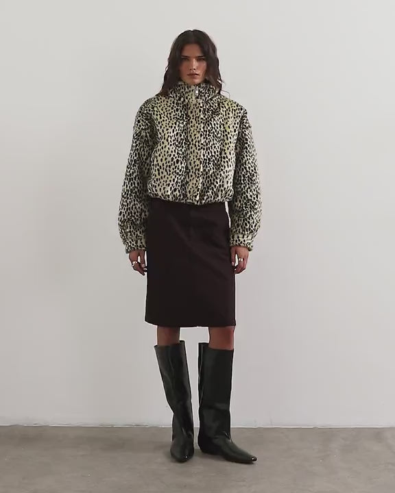 Topshop faux fur funnel neck bomber jacket in spotted print