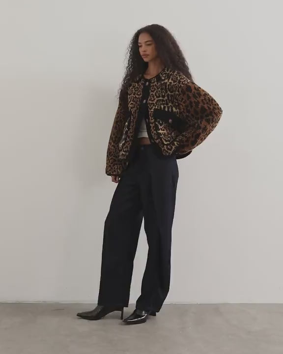 Topshop collareless cord fleece jacket in animal print