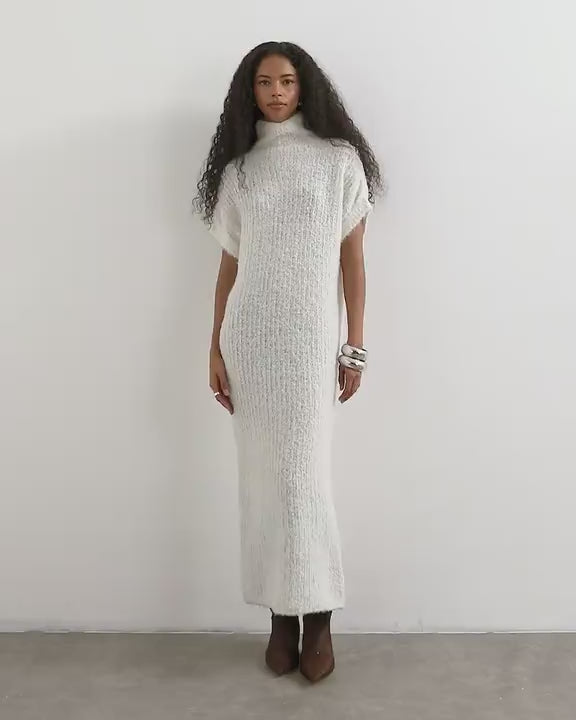 Topshop knitted sheer funnel neck maxi dress with wool in ivory