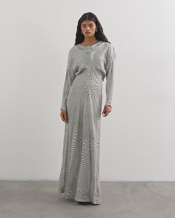 Topshop satin wide collapsed neck blouson maxi dress in mono wavy print