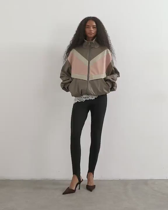Topshop colour block leather look track jacket in pink