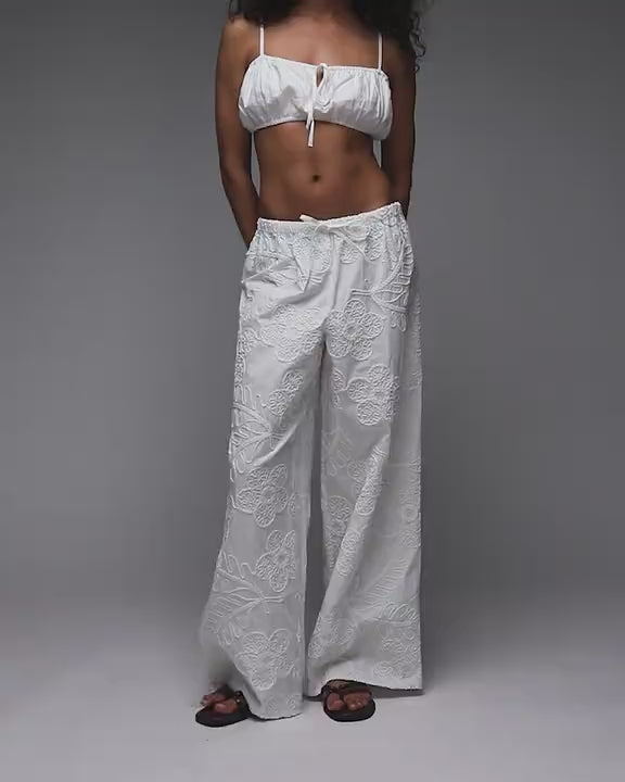 Topshop floral stitch straight leg trouser in white