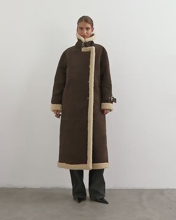 Topshop longline borg trim funnel neck coat in brown