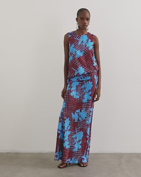 Topshop viscose satin racer neck blouson dropped asymmetric waist maxi dress in brown wavy floral print