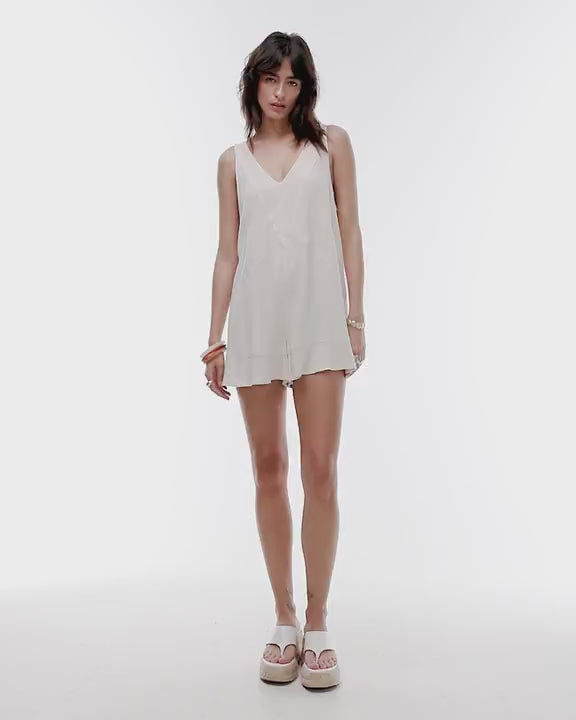 Topshop deep v chuck on linen playsuit in natural