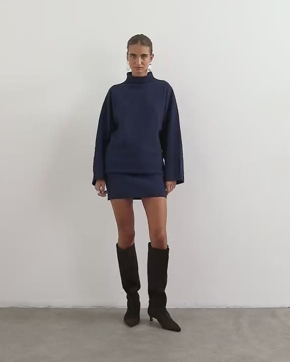 Topshop knitted long sleeve mini dress with wool in navy