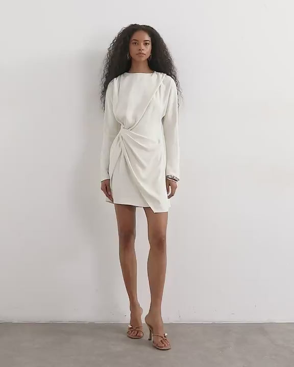 Topshop long sleeve high neck tuck side mini dress in off white