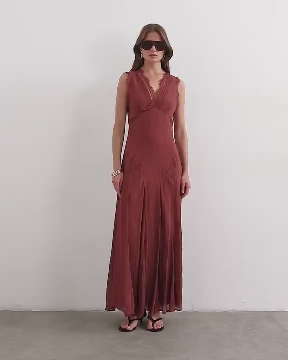 Topshop premium viscose lace insert pintucked maxi tea dress in rust